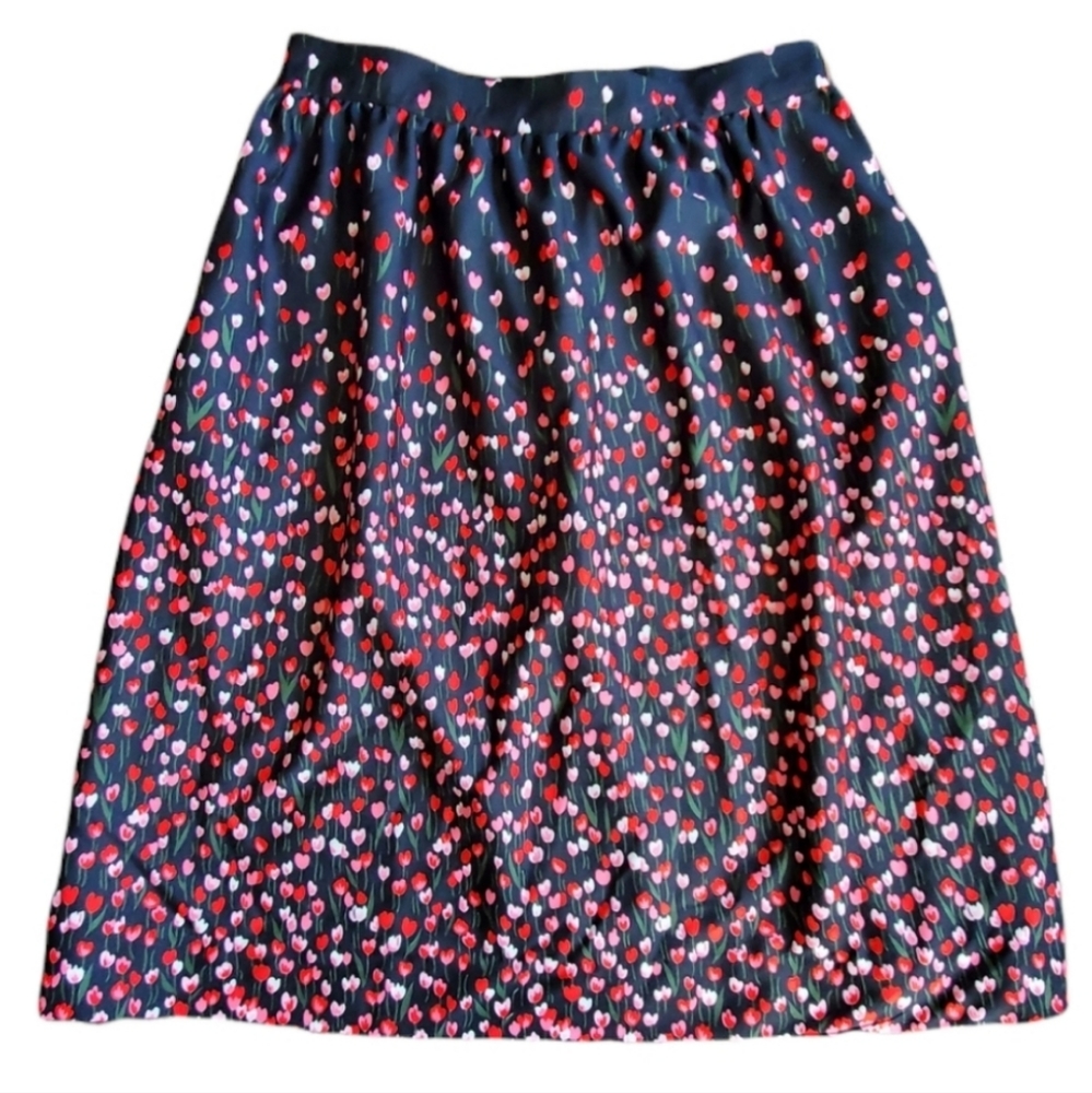 Vintage Red Heart Floral High Rise Pocket Midi Black Skirt Medium
